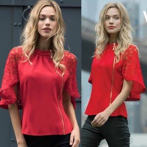 Lace sleeve zipper top